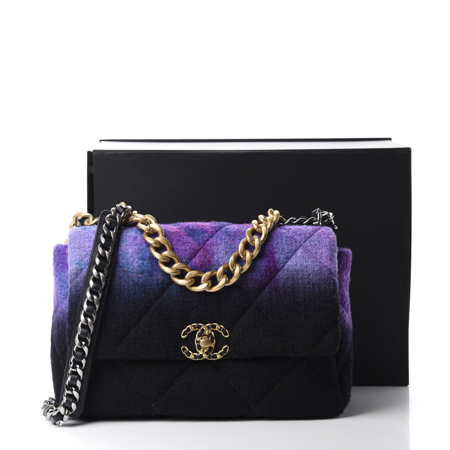 Chanel Wool Tweed Quilted Large 19 Flap Purple Black Blue 11 of 11