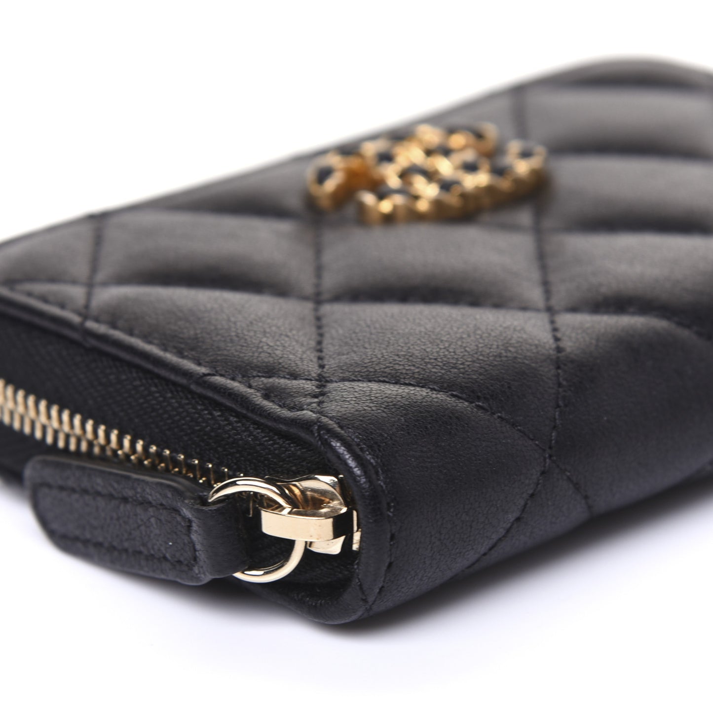 Goatskin Quilted Chanel 19 Zip Around Coin Purse Wallet Black
