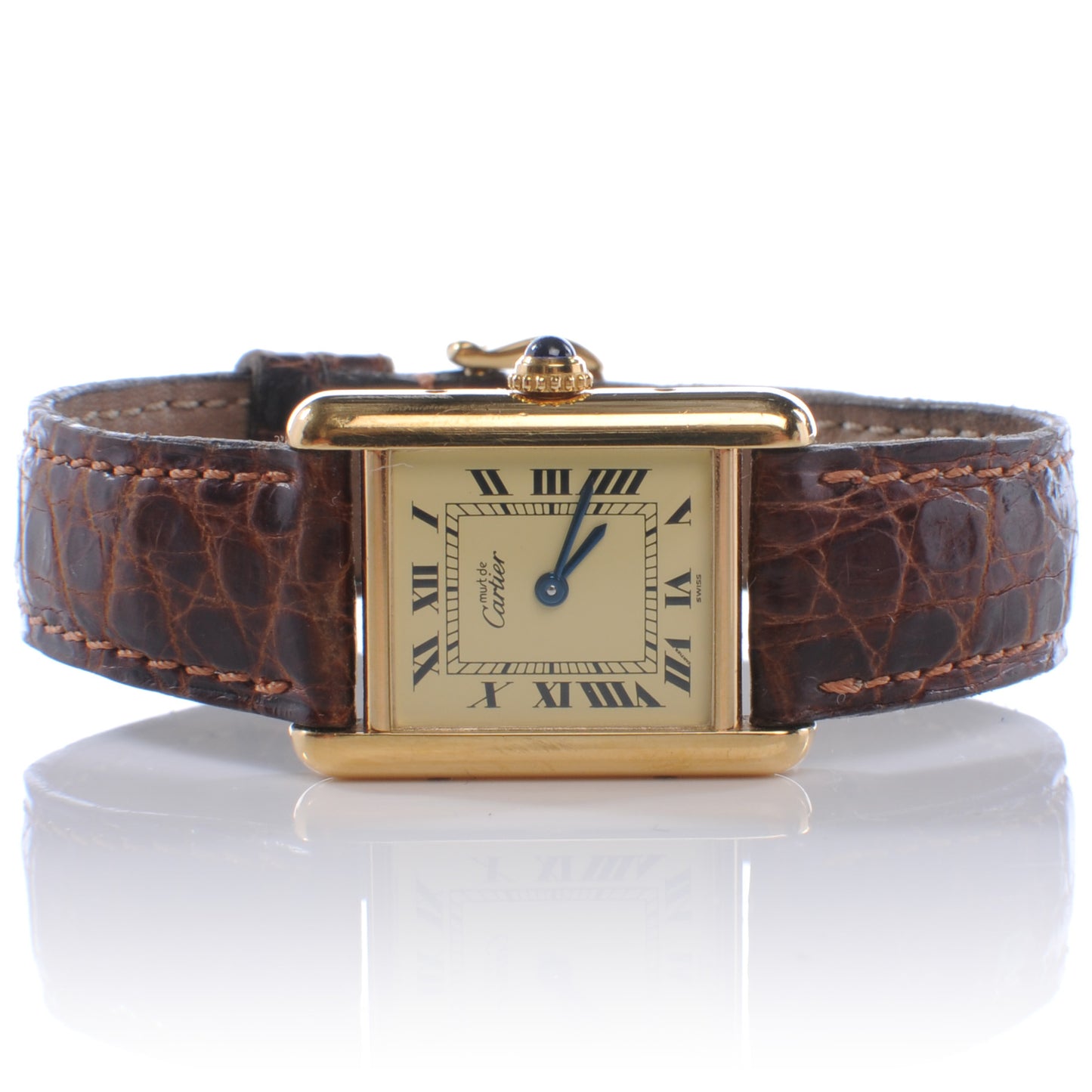 Sterling Silver Vermeil Alligator 20mm Must de Cartier Tank Quartz Watch Brown
