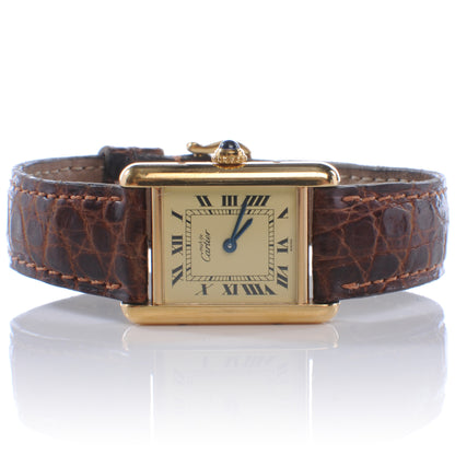 Cartier Sterling Silver Vermeil Alligator 20mm Must de Cartier Tank Quartz Watch Brown 1 of 7