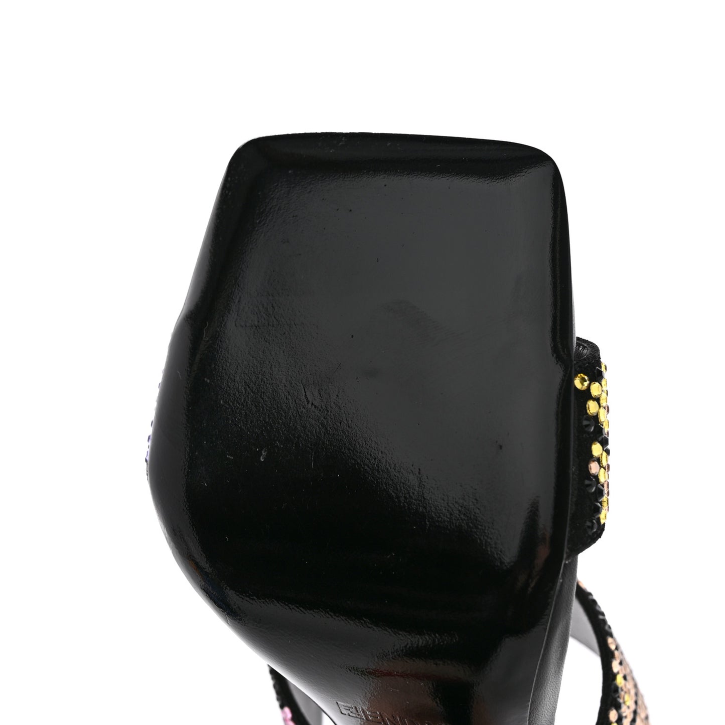 X FENDI Calfskin Crystal Fendace FF Medusa High Heel Mule Sandals 36 Black Multicolor