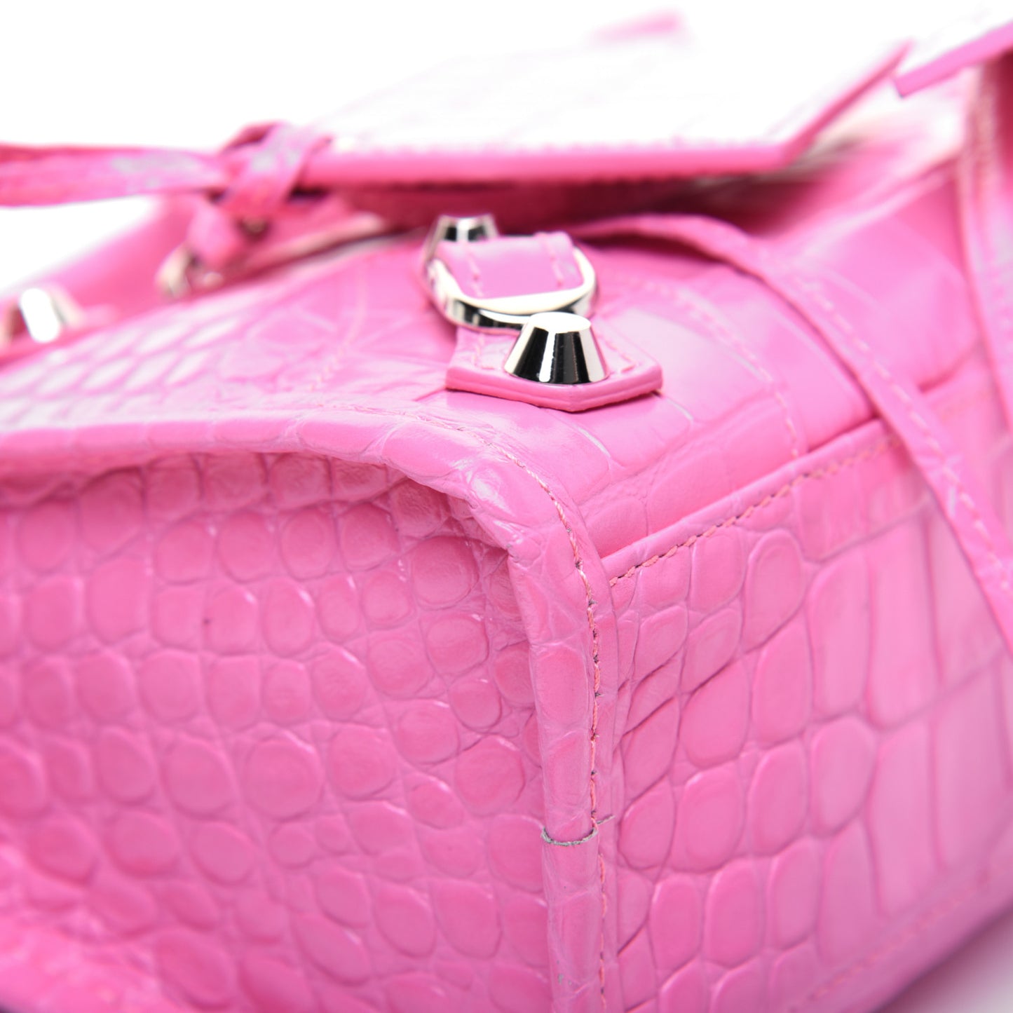 Shiny Supple Calfskin Crocodile Embossed Classic Silver Hardware Mini City Baby Pink