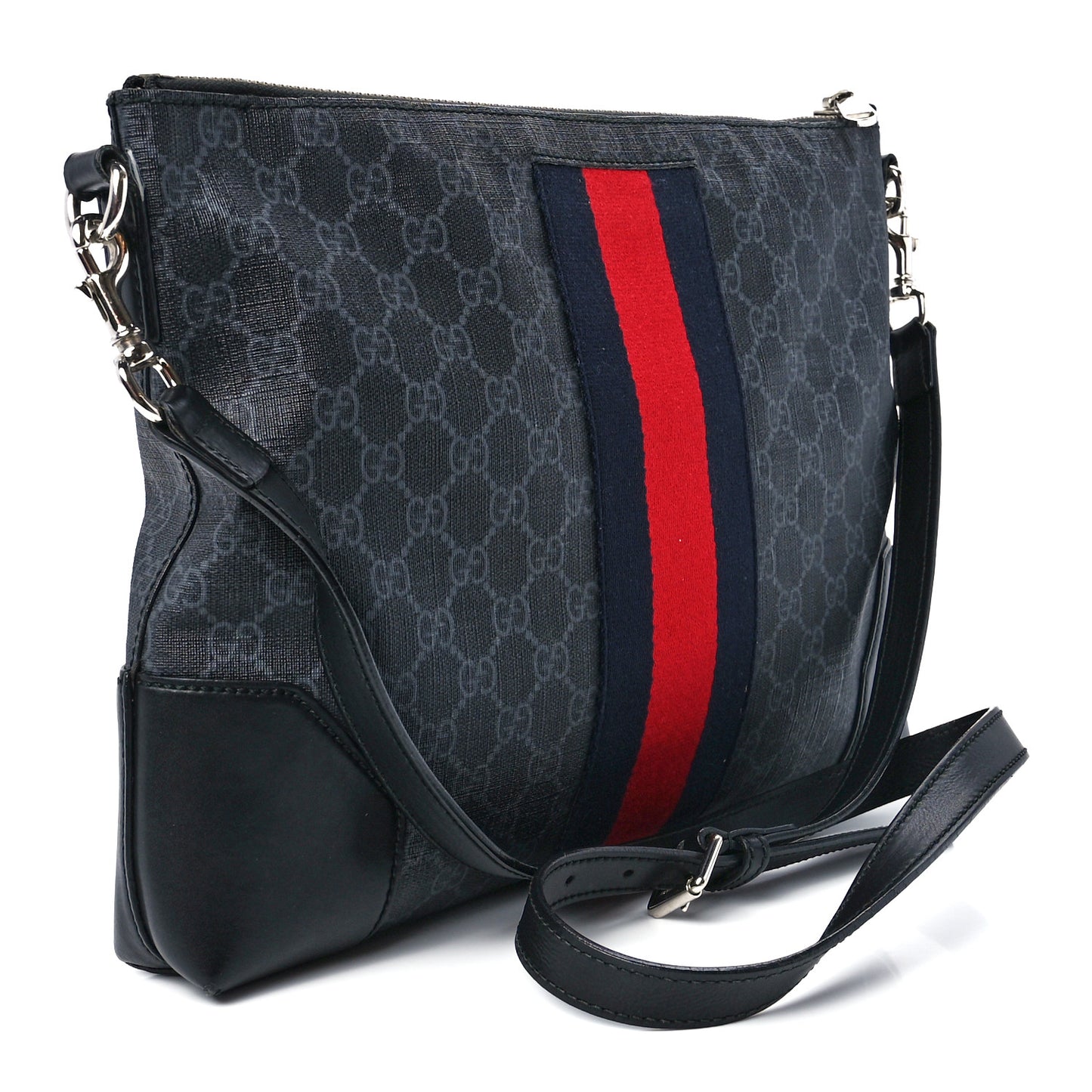 Soft GG Supreme Monogram Appia Calfskin Web East West Messenger Bag Black Grey