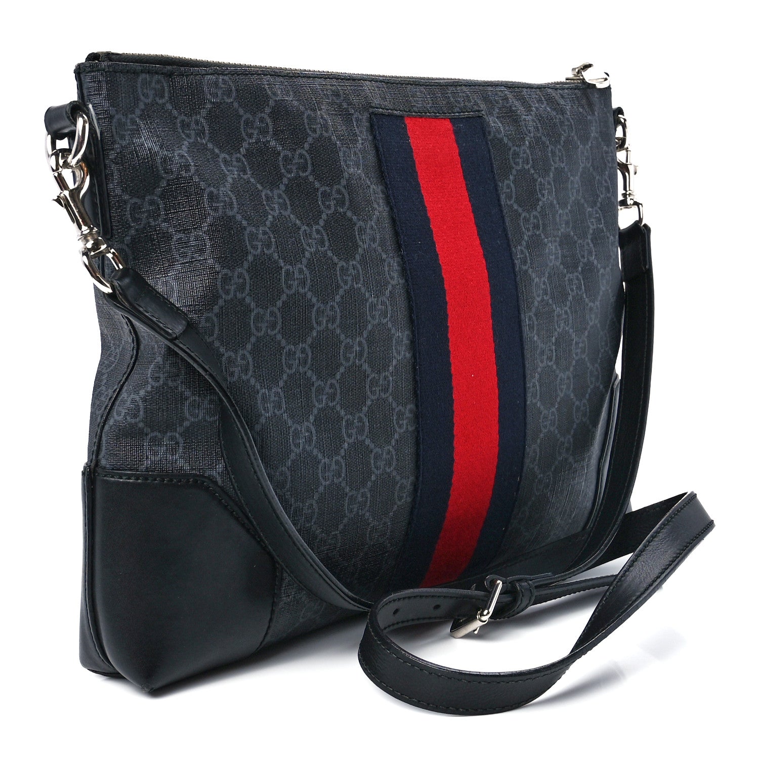 Gucci Soft GG Supreme Monogram Appia Calfskin Web East West Messenger Bag Black Grey 2 of 13