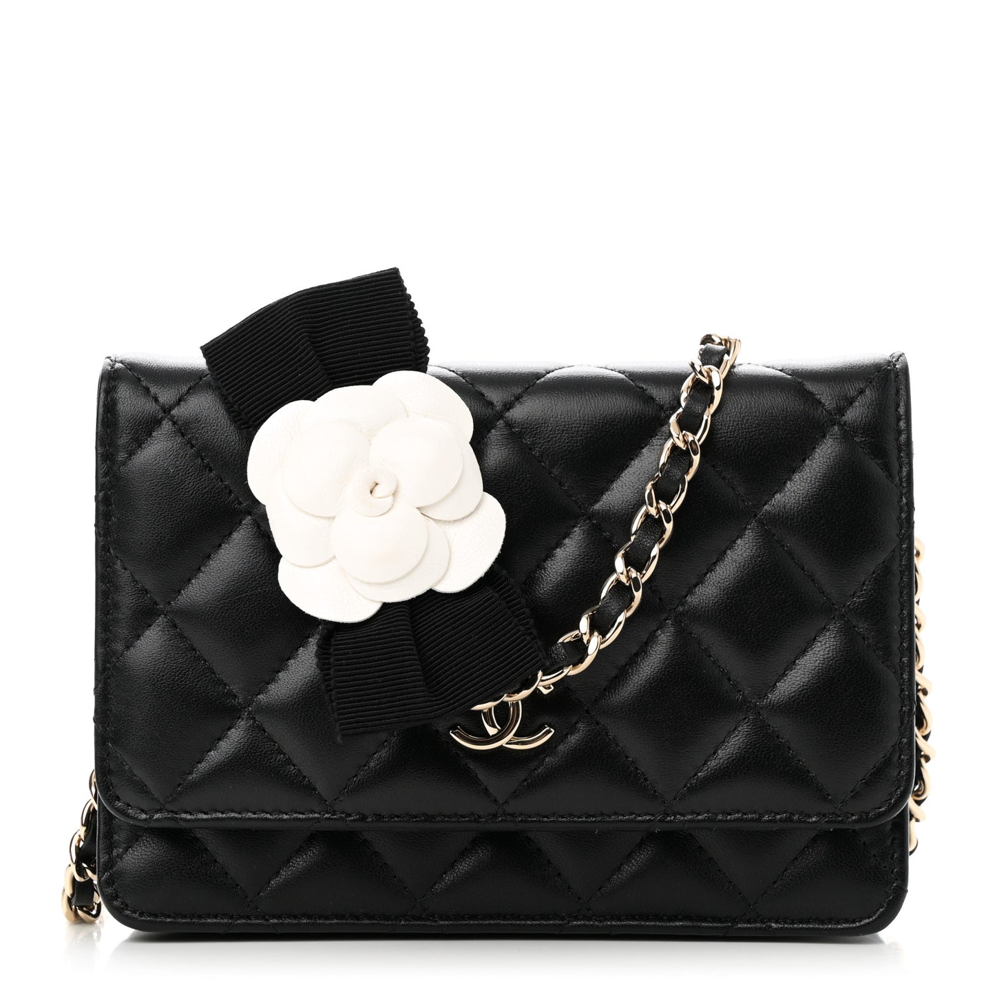 Lambskin Quilted Mini Camellia Bow Wallet On Chain WOC Black