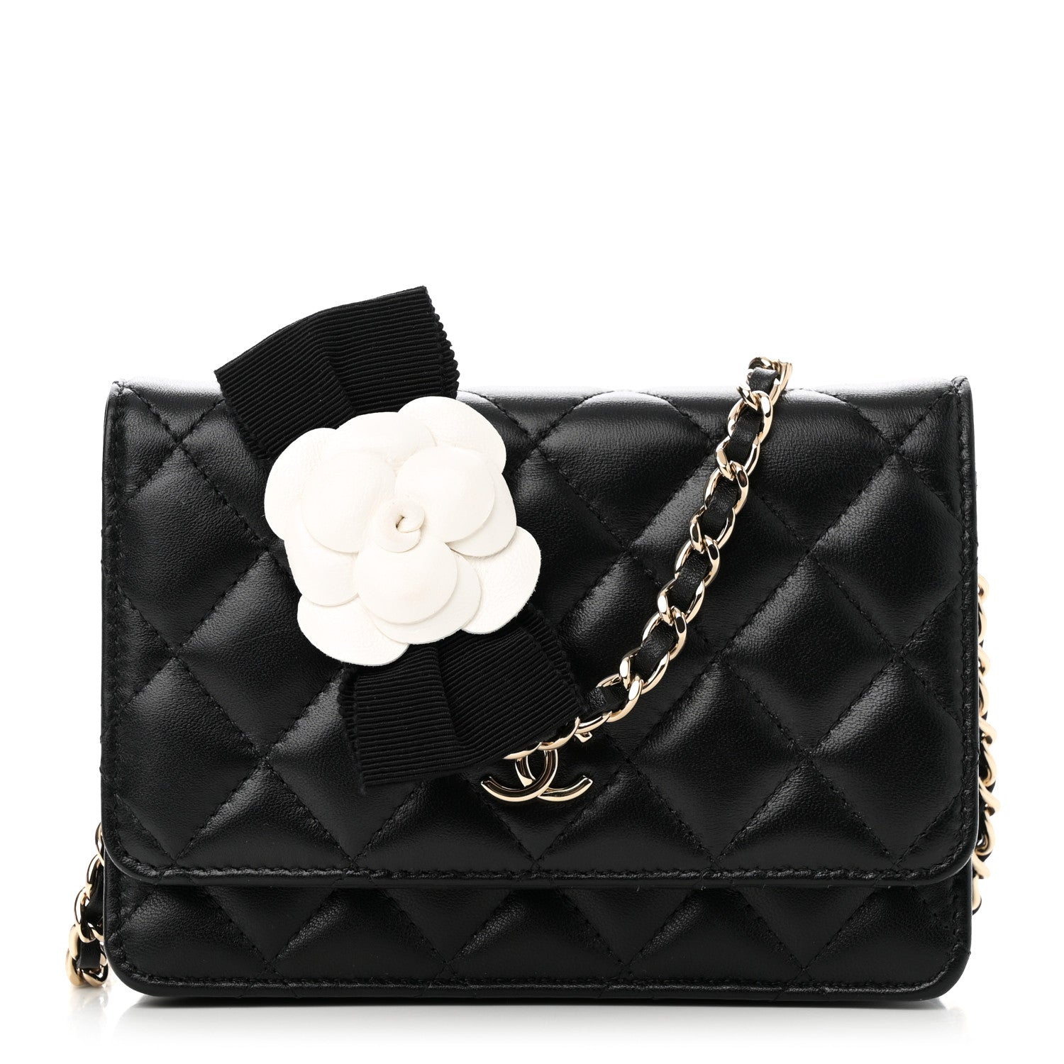 Chanel Lambskin Quilted Mini Camellia Bow Wallet On Chain WOC Black 1 of 10