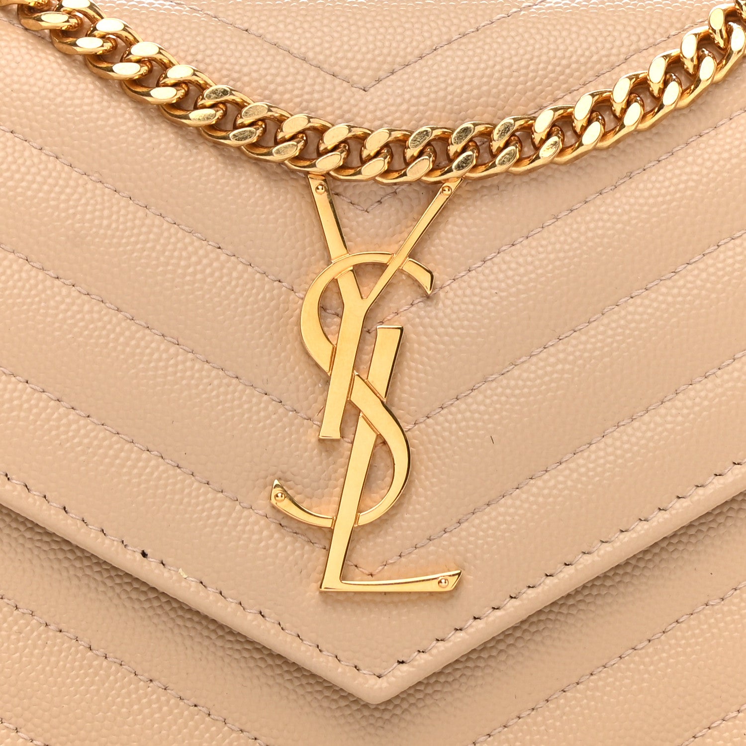 Saint Laurent Grain De Poudre Matelasse Chevron Monogram Chain Wallet Dark Beige 7 of 10