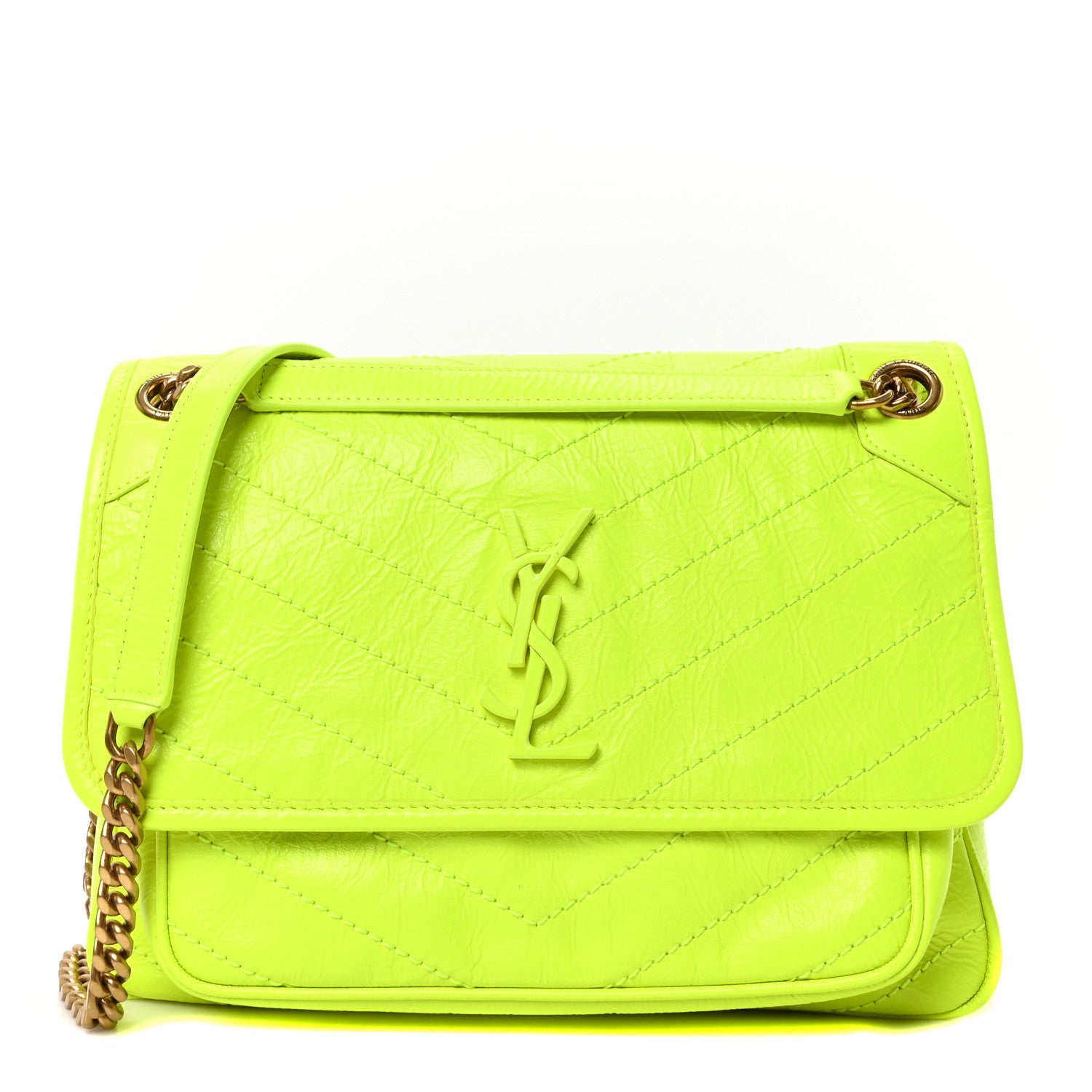 Saint Laurent Crinkled Calfskin Matelasse Monogram Medium Niki Chain Satchel Neon Yellow 1 of 9