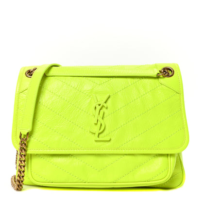 Saint Laurent Crinkled Calfskin Matelasse Monogram Medium Niki Chain Satchel Neon Yellow 1 of 9