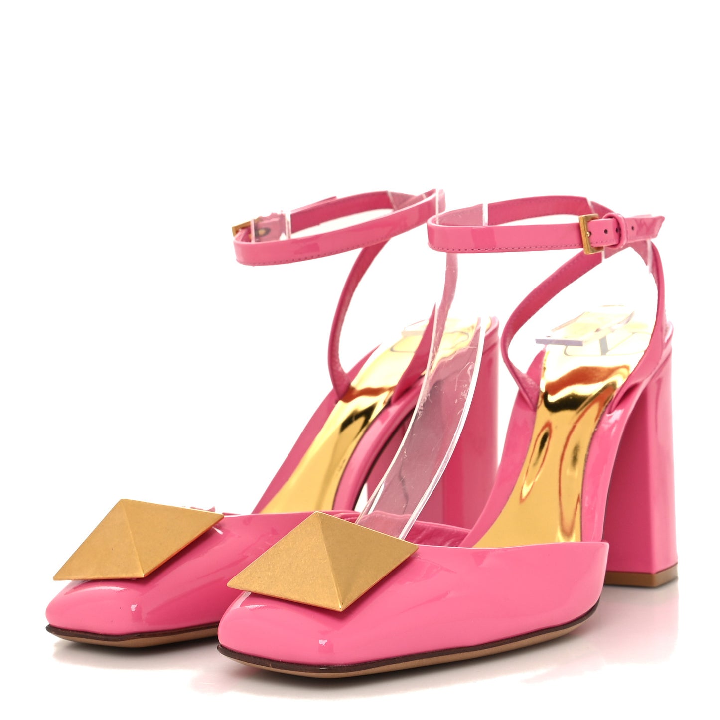 Patent One Stud Ankle Strap 90mm Block Heel Pumps 36.5 Feminine Pink