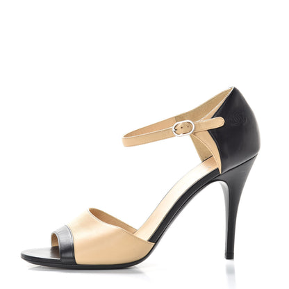 Chanel Lambskin Peep Toe Sandals 41.5 Beige Black 1 of 11