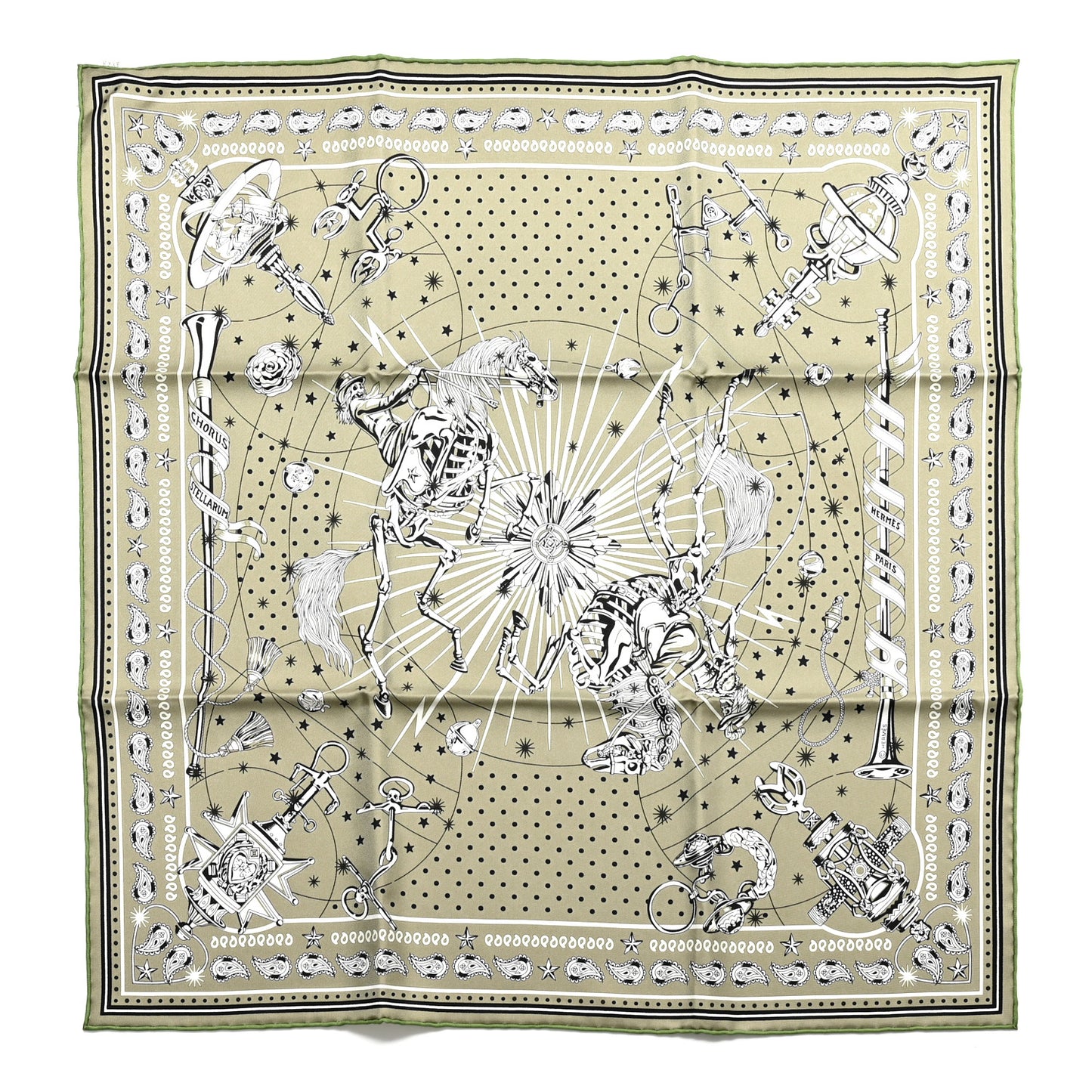 Silk Chorus Stellarum Bandana Scarf 55 Vert Argile White Black