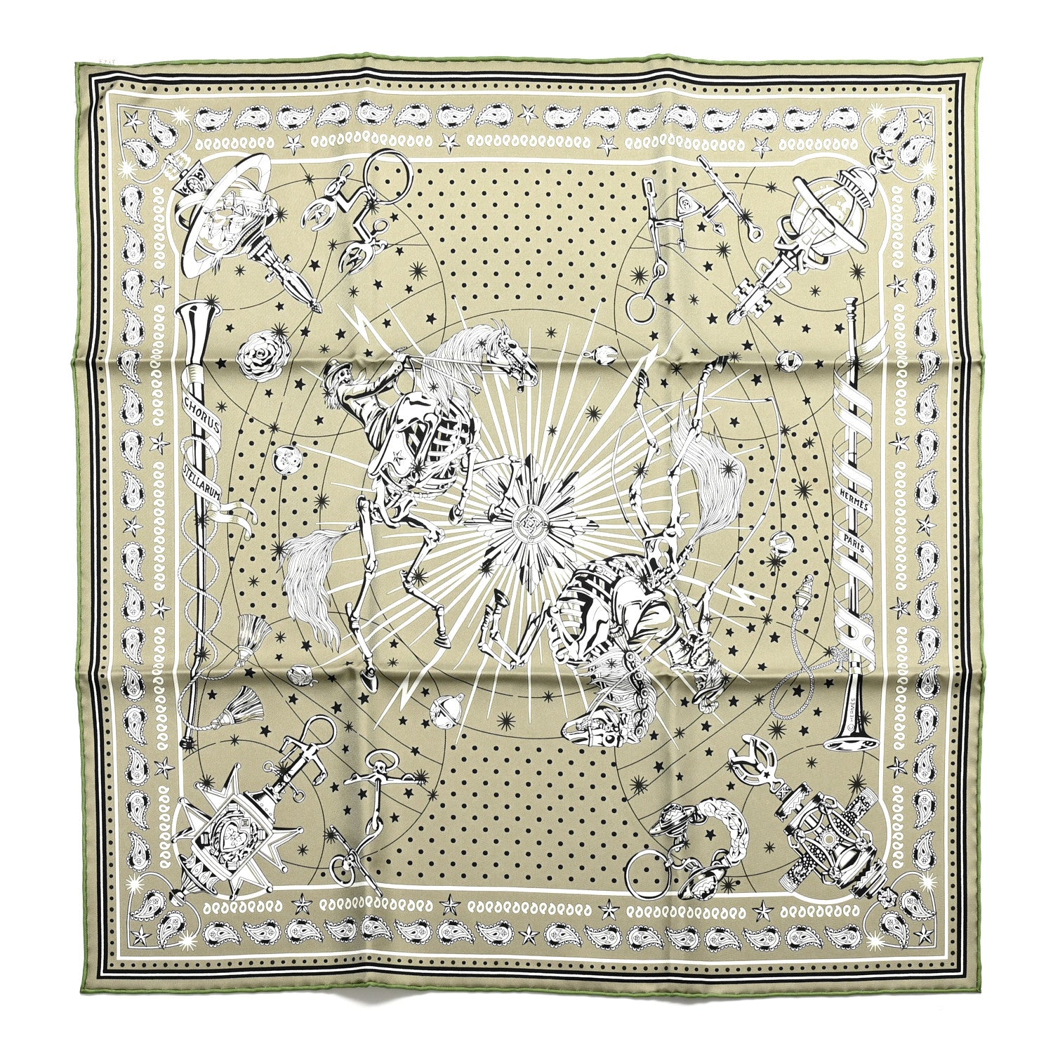 Hermes Silk Chorus Stellarum Bandana Scarf 55 Vert Argile White Black 1 of 5