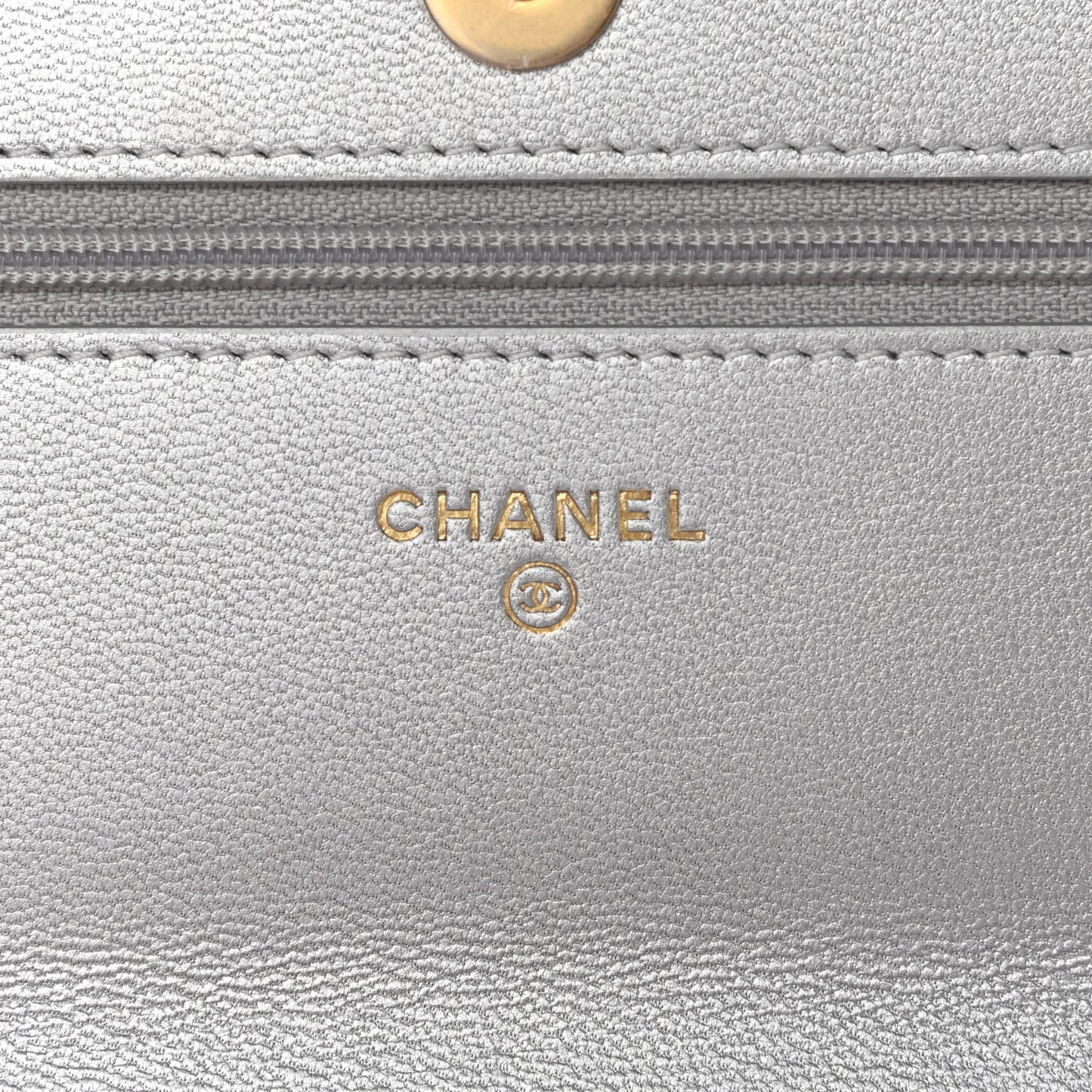 Metallic Lambskin Quilted Chanel 19 Wallet On Chain WOC Silver