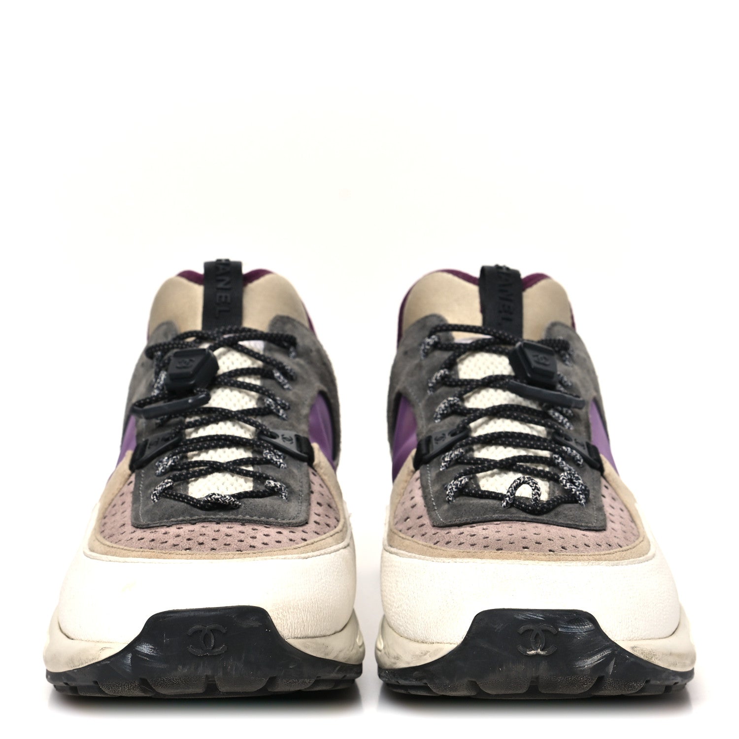 Chanel Fabric Suede Calfskin Mesh Womens CC Sneakers 42 White Grey Purple 3 of 9