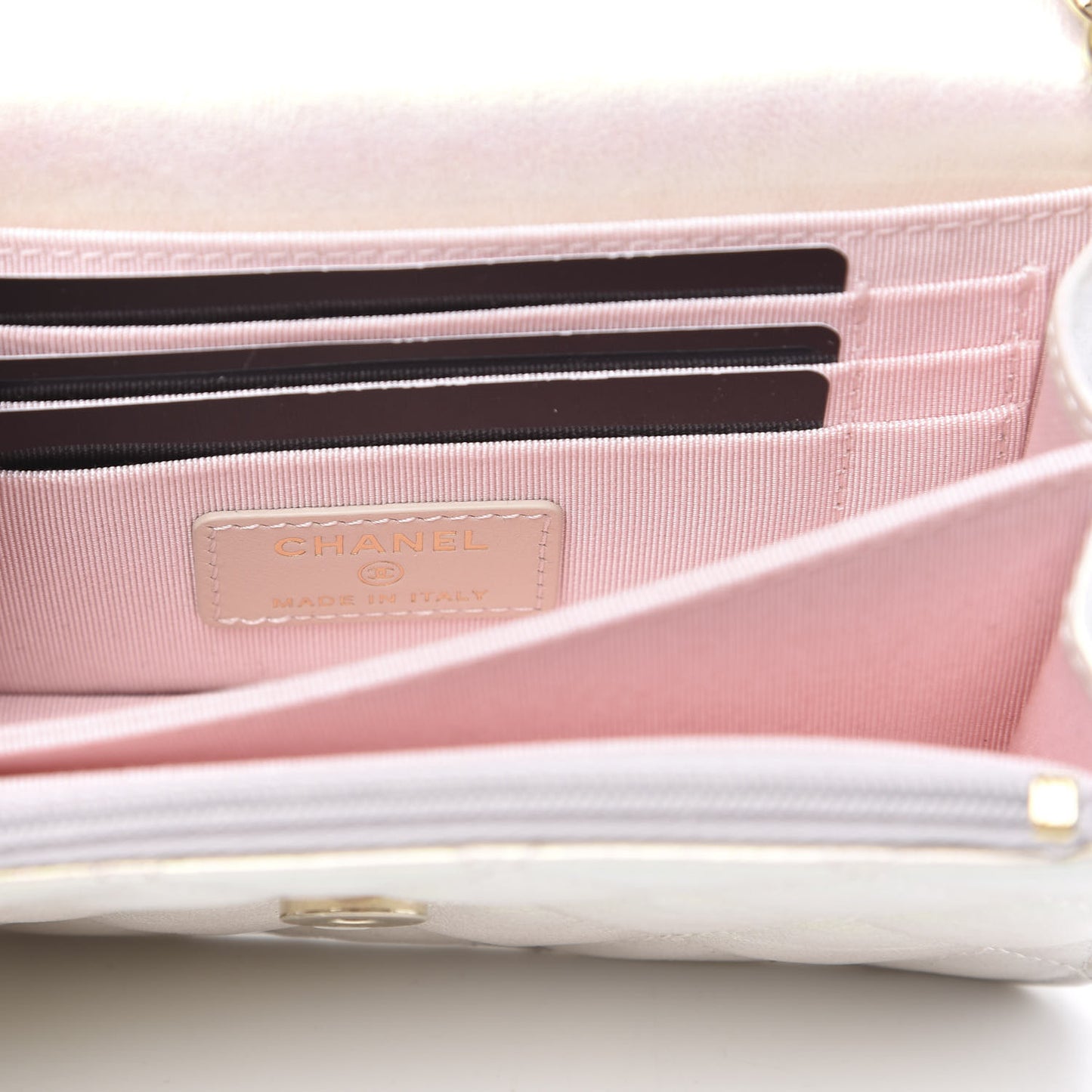 Iridescent Lambskin Quilted Mini Wallet On Chain WOC Ivory