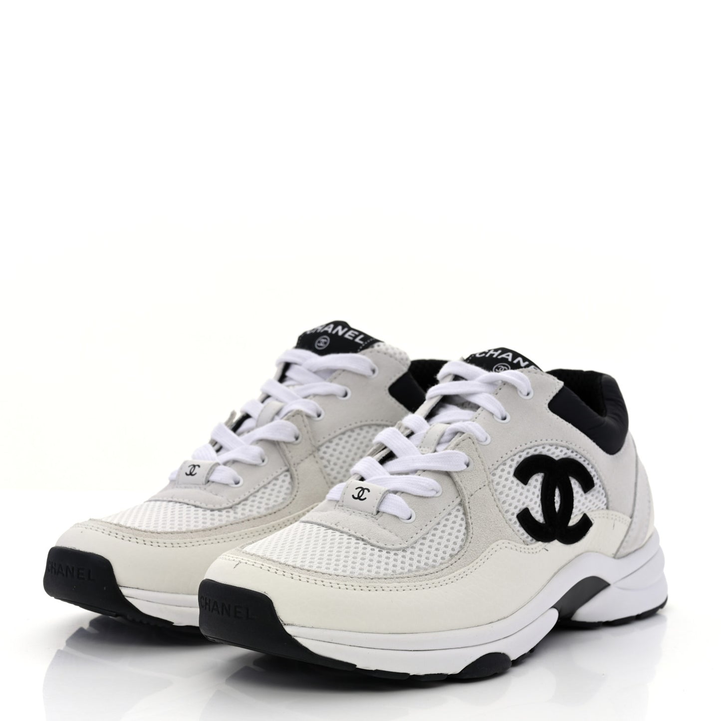 Mesh Suede Calfskin Grained Calfskin Womens CC Sneakers 38.5 White Black