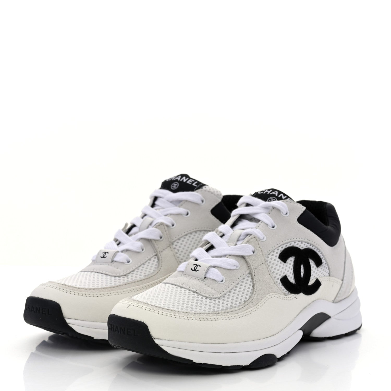 Chanel Mesh Suede Calfskin Grained Calfskin Womens CC Sneakers 38.5 White Black 3 of 9