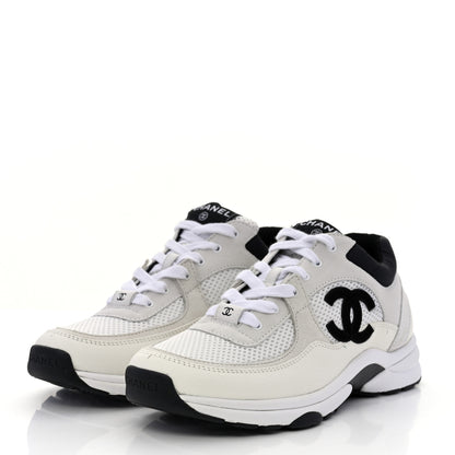 Chanel Mesh Suede Calfskin Grained Calfskin Womens CC Sneakers 38.5 White Black 3 of 9