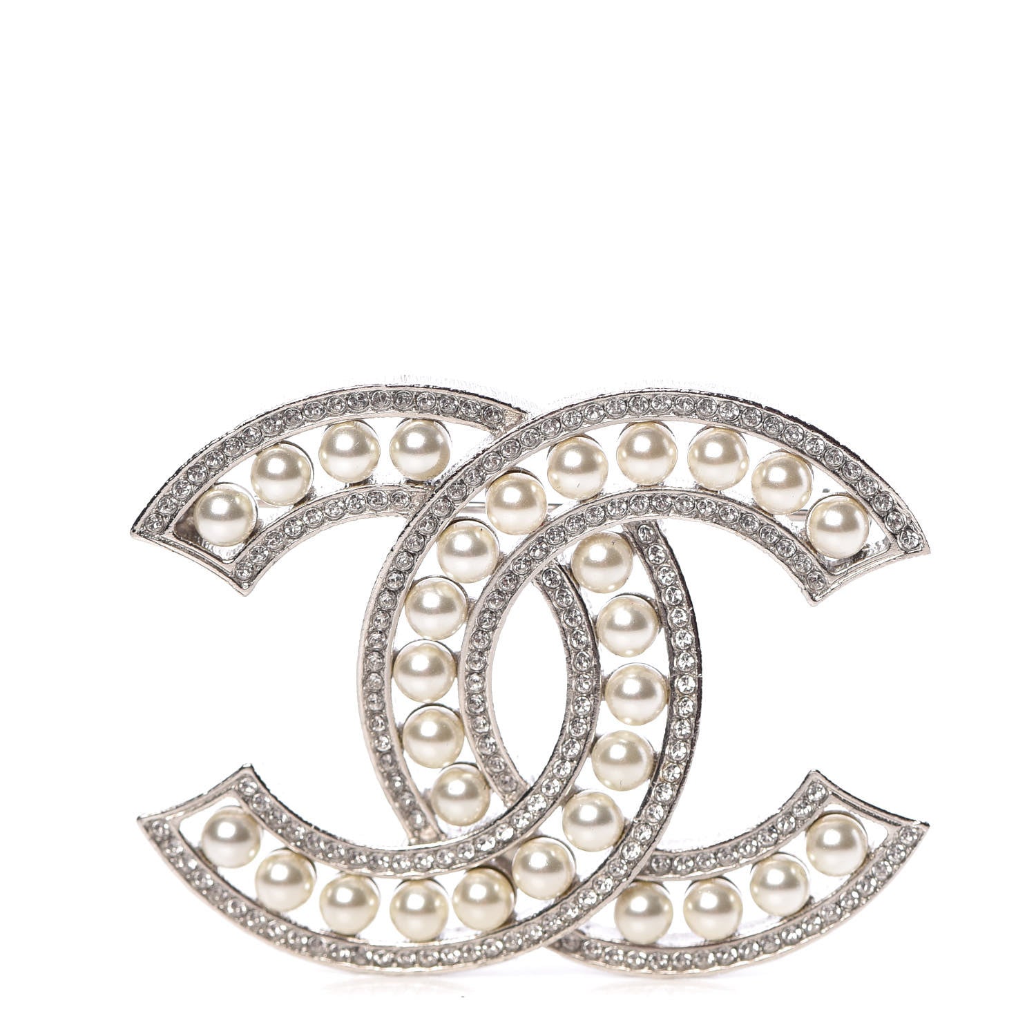 Chanel Pearl Crystal CC Brooch Silver 1 of 5