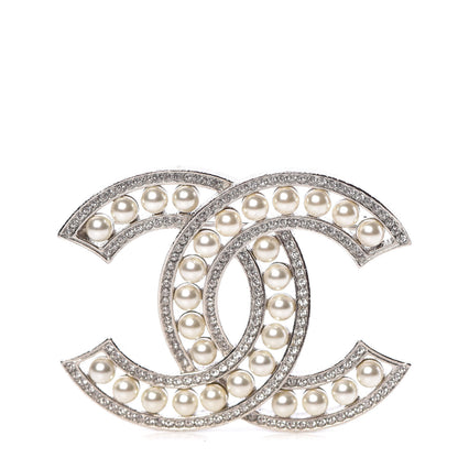 Chanel Pearl Crystal CC Brooch Silver 1 of 5