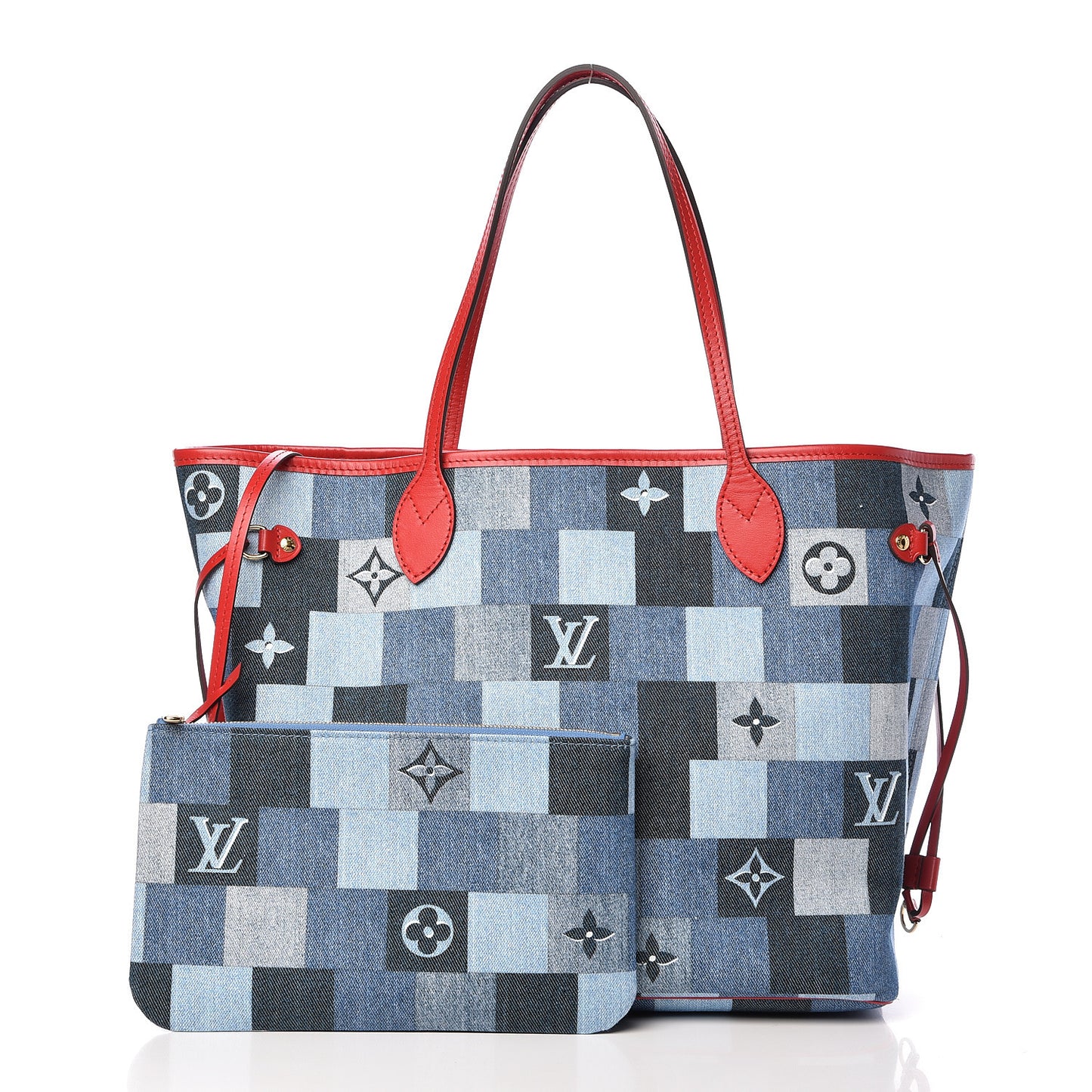 Denim Damier Monogram Patchwork Neverfull Blue Rouge