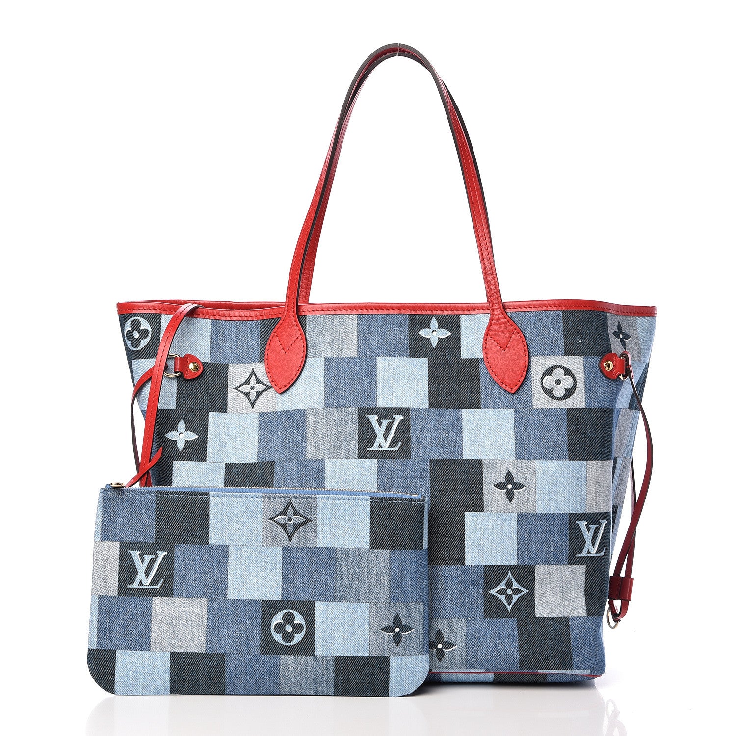 Louis Vuitton Denim Damier Monogram Patchwork Neverfull Blue Rouge 1 of 12