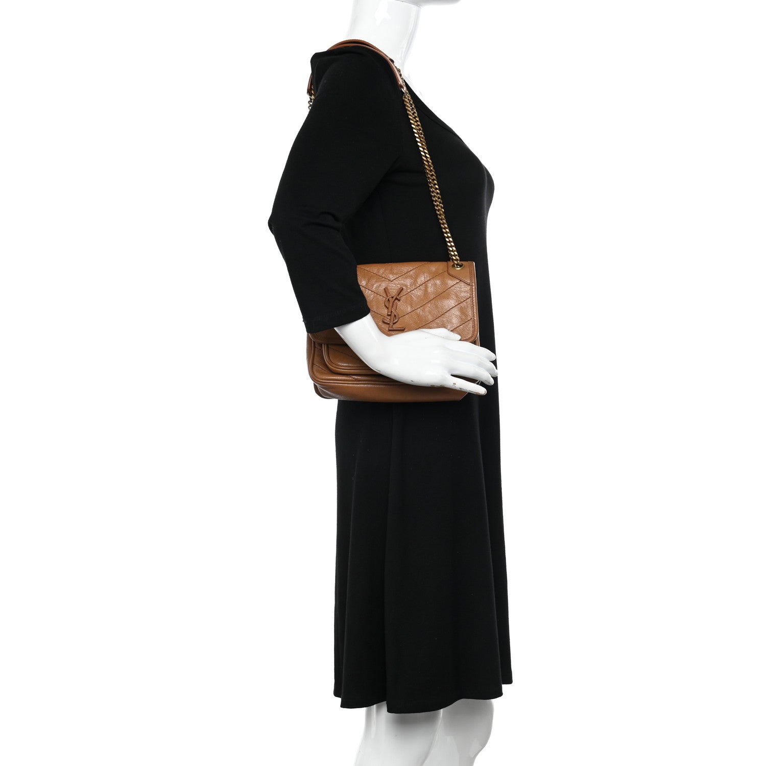 Saint Laurent Crinkled Calfskin Matelasse Monogram Baby Niki Chain Satchel Light Caramel 2 of 13