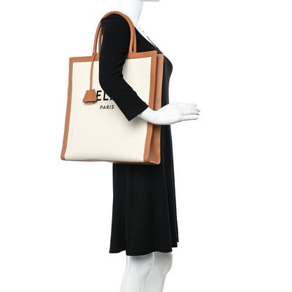 Celine Canvas Calfskin Logo Print Vertical Cabas Natural Tan 2 of 10