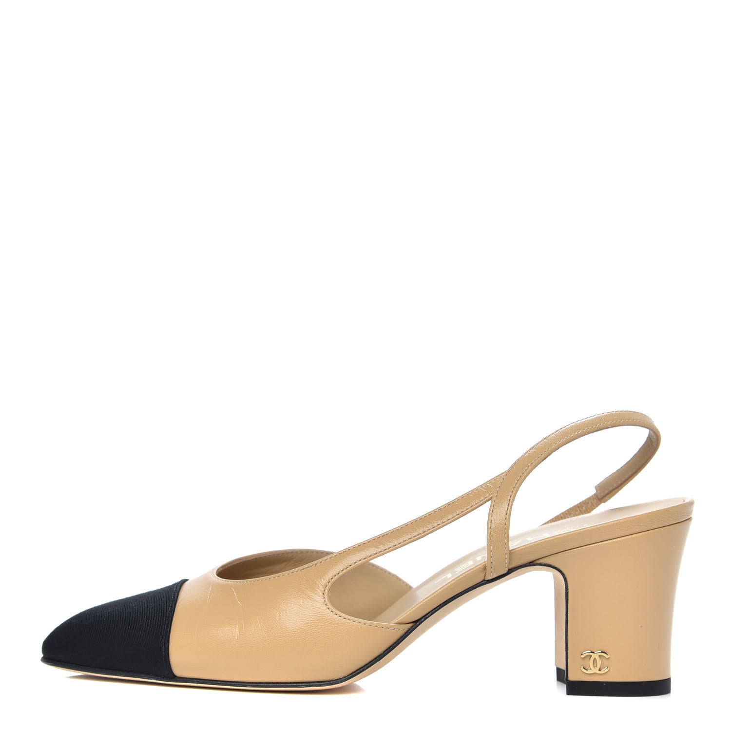 Chanel Goatskin Grosgrain Cap Toe CC Slingback Sandals 38 Beige Black 1 of 9