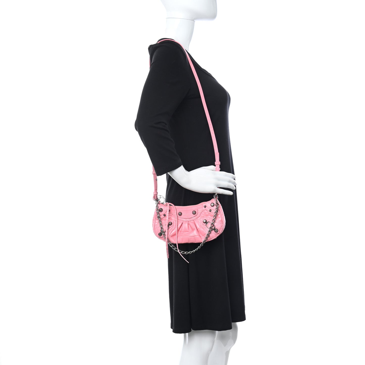 Extra Supple Calfskin Crocodile Embossed Le Cagole Mini Purse With Chain Sweet Pink