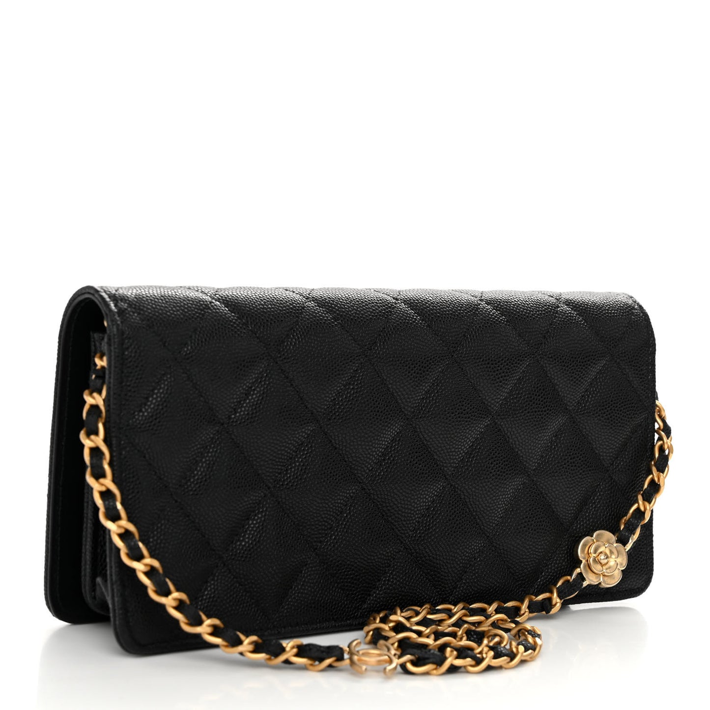 Caviar Quilted Camellia Clutch With Chain Black