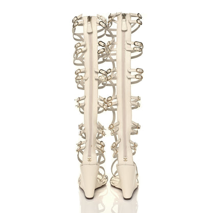 Chanel Lambskin Gladiator Wedge Strap Sandals 40 White 5 of 8