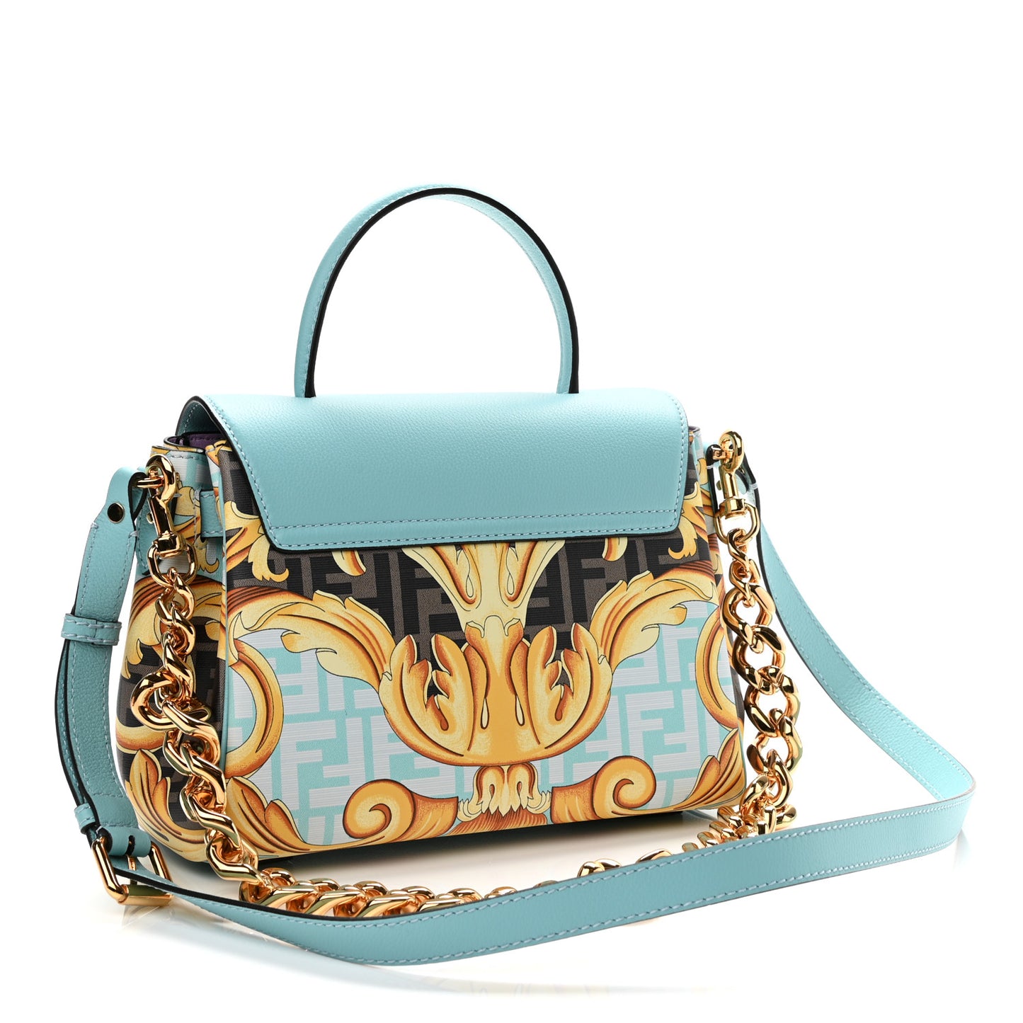X FENDI Grained Calfskin Fendace La Medusa Medium Top Handle Bag Baby Blue Multicolor