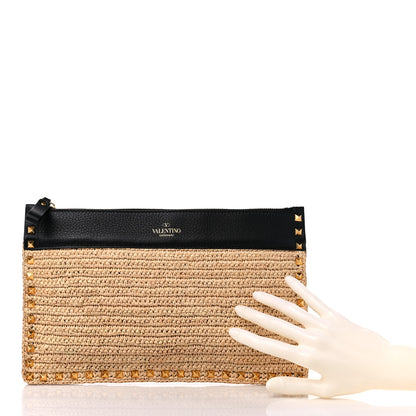 Valentino Garavani Raffia Calfskin Small Rockstud Zip Pouch Naturale Black 2 of 9