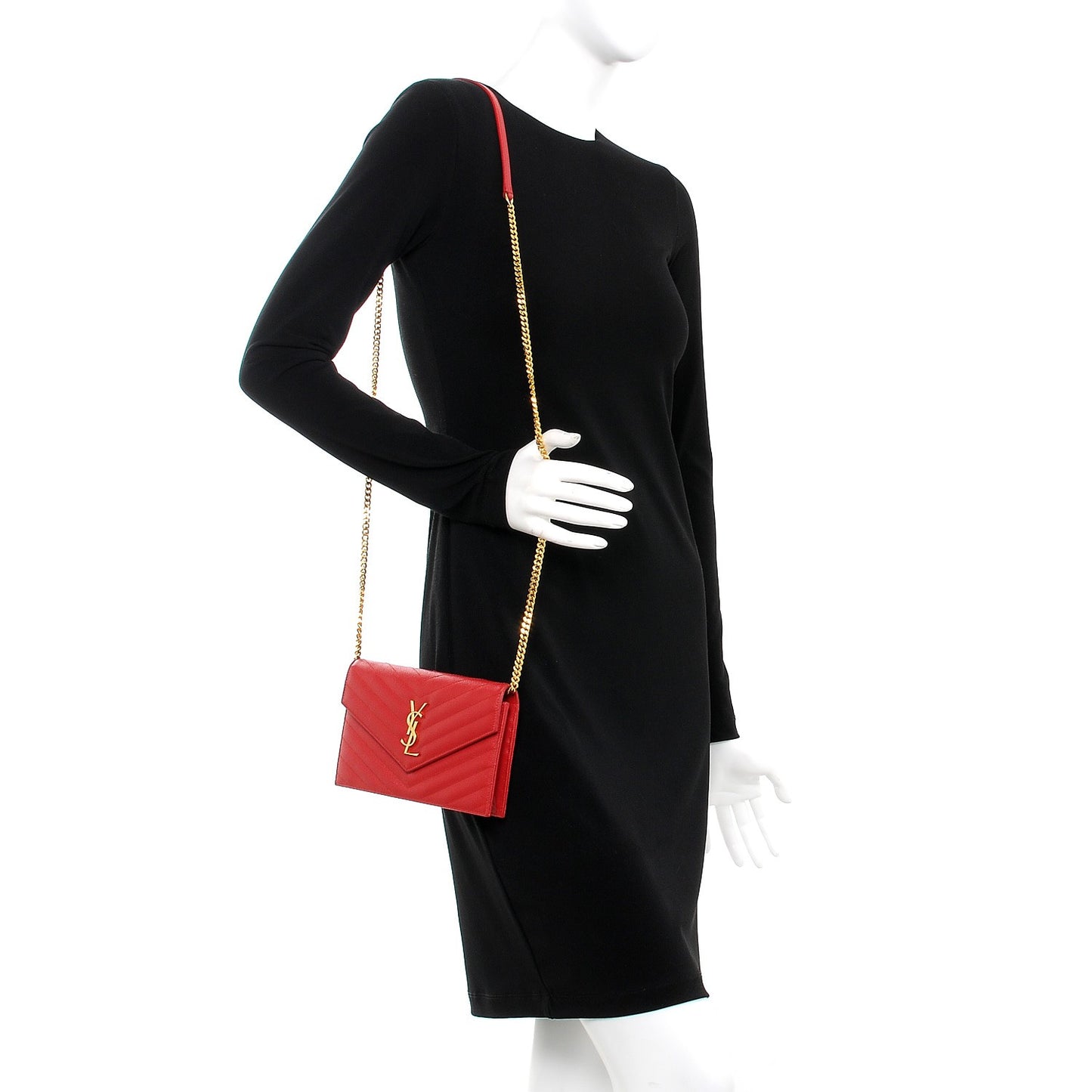 Grain De Poudre Matelasse Chevron Monogram Envelope Chain Wallet New Red