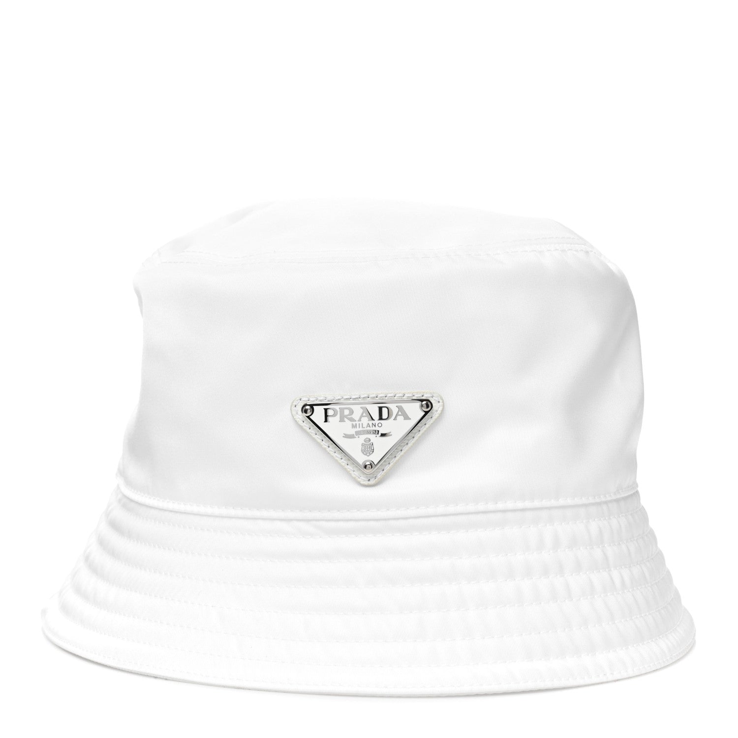 Prada Re-Nylon Metal Triangle Logo Mens Bucket Hat L White 1 of 8