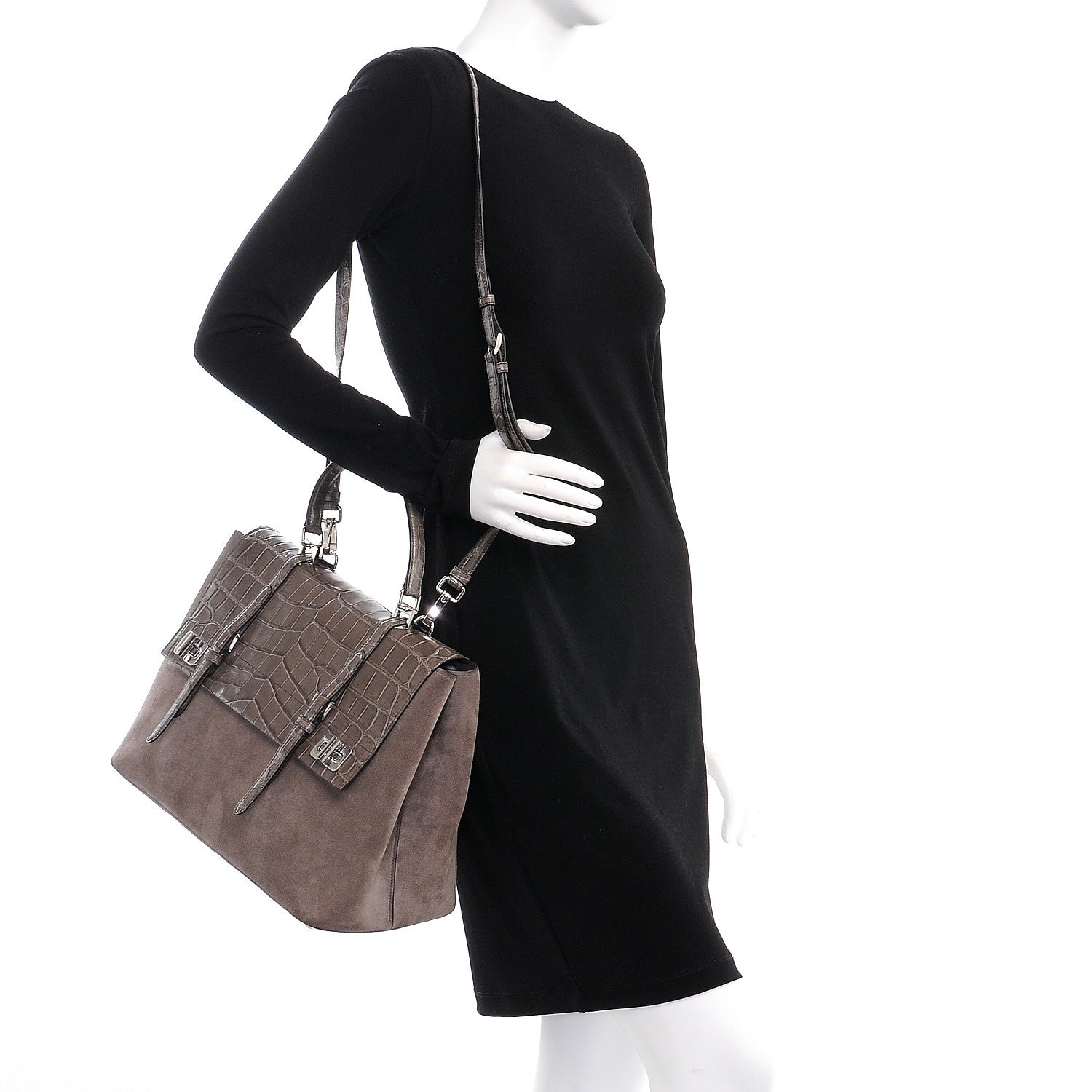 Prada Scamosciato Suede Crocodile Large Convertible Top Handle Tote Grigio 3 of 9
