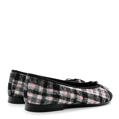 Chanel Alpaca Tweed Grosgrain Cap Toe Ballerina Flats 37.5 Pink Ivory Black 4 of 9