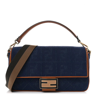 Fendi Denim Vitello King FF Embroidered Large Baguette Blue Cuoio 1 of 10