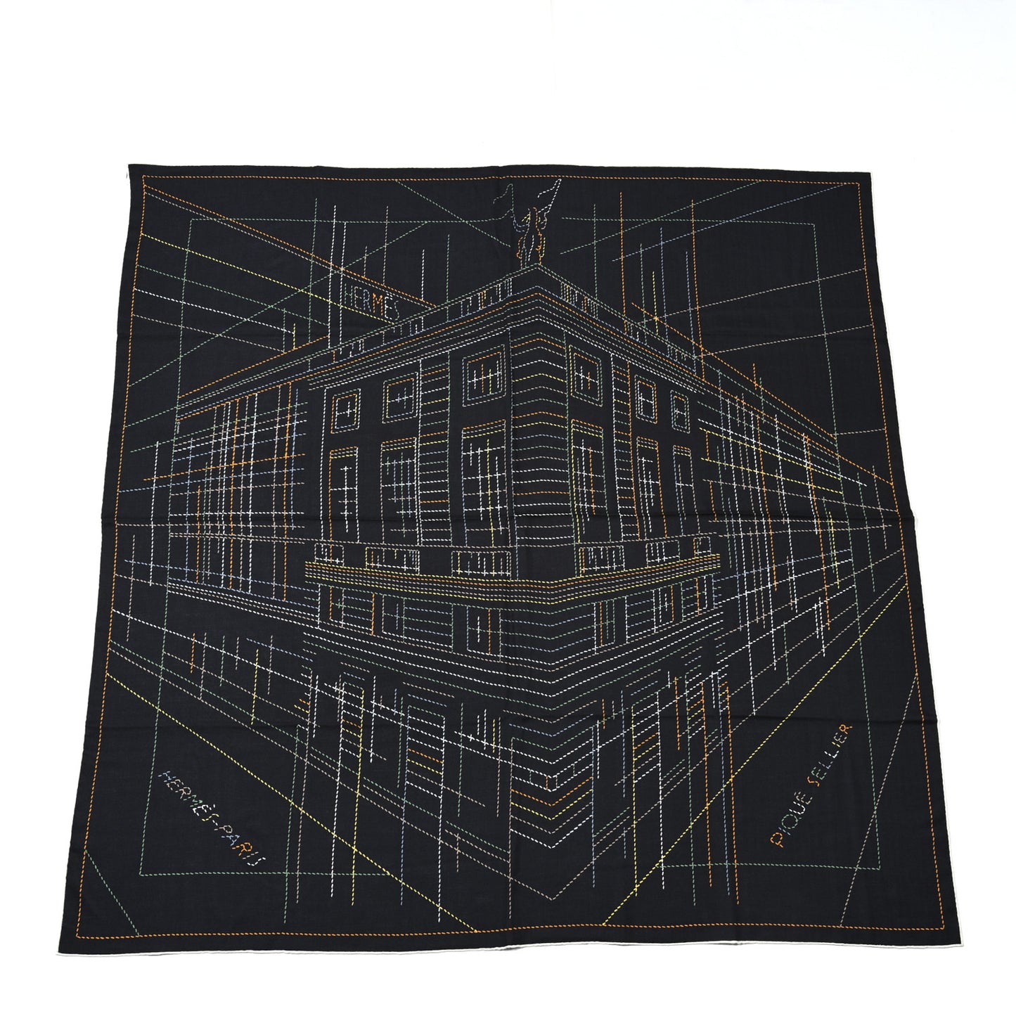 Silk Embroidered Giant Pique Sellier Scarf 140 Caban Vert Jaune