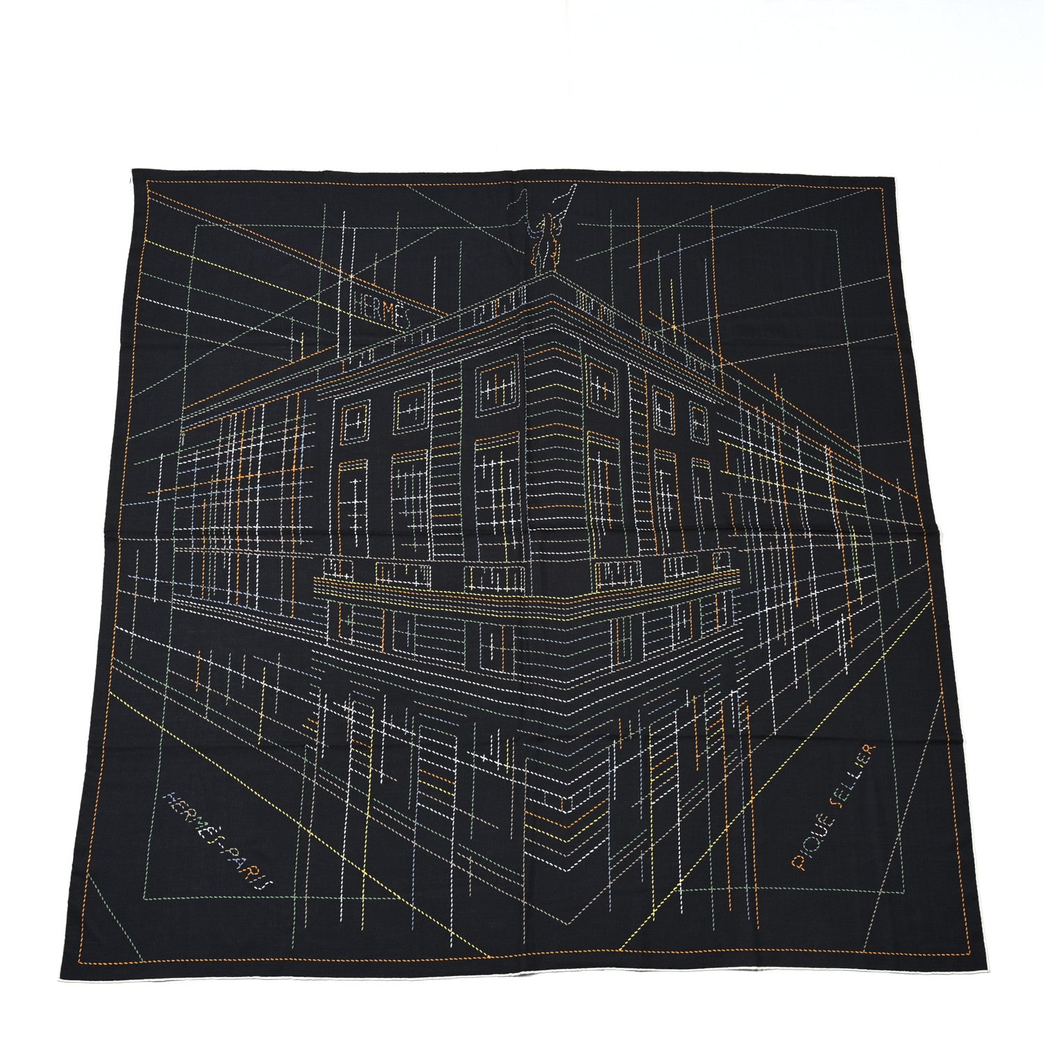 Hermes Silk Embroidered Giant Pique Sellier Scarf 140 Caban Vert Jaune 1 of 5
