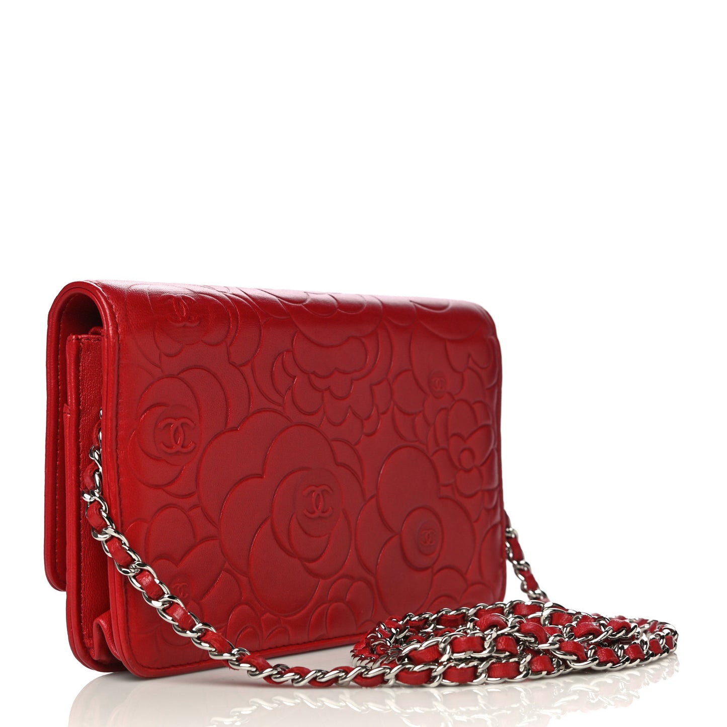 Lambskin Camellia Embossed Wallet On Chain WOC Red