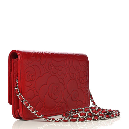 Chanel Lambskin Camellia Embossed Wallet On Chain WOC Red 3 of 19