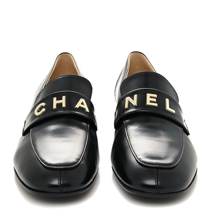 Chanel Shiny Calfskin Logo Loafers 39.5 Black 2 of 8
