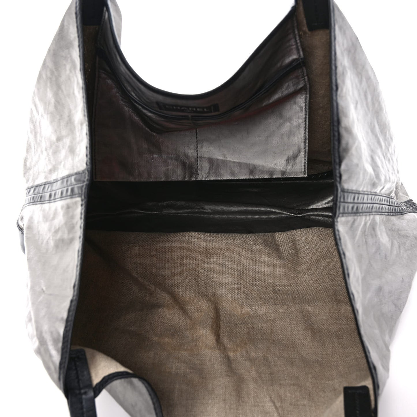 Metallic Linen Calfskin CC Beach Tote Silver