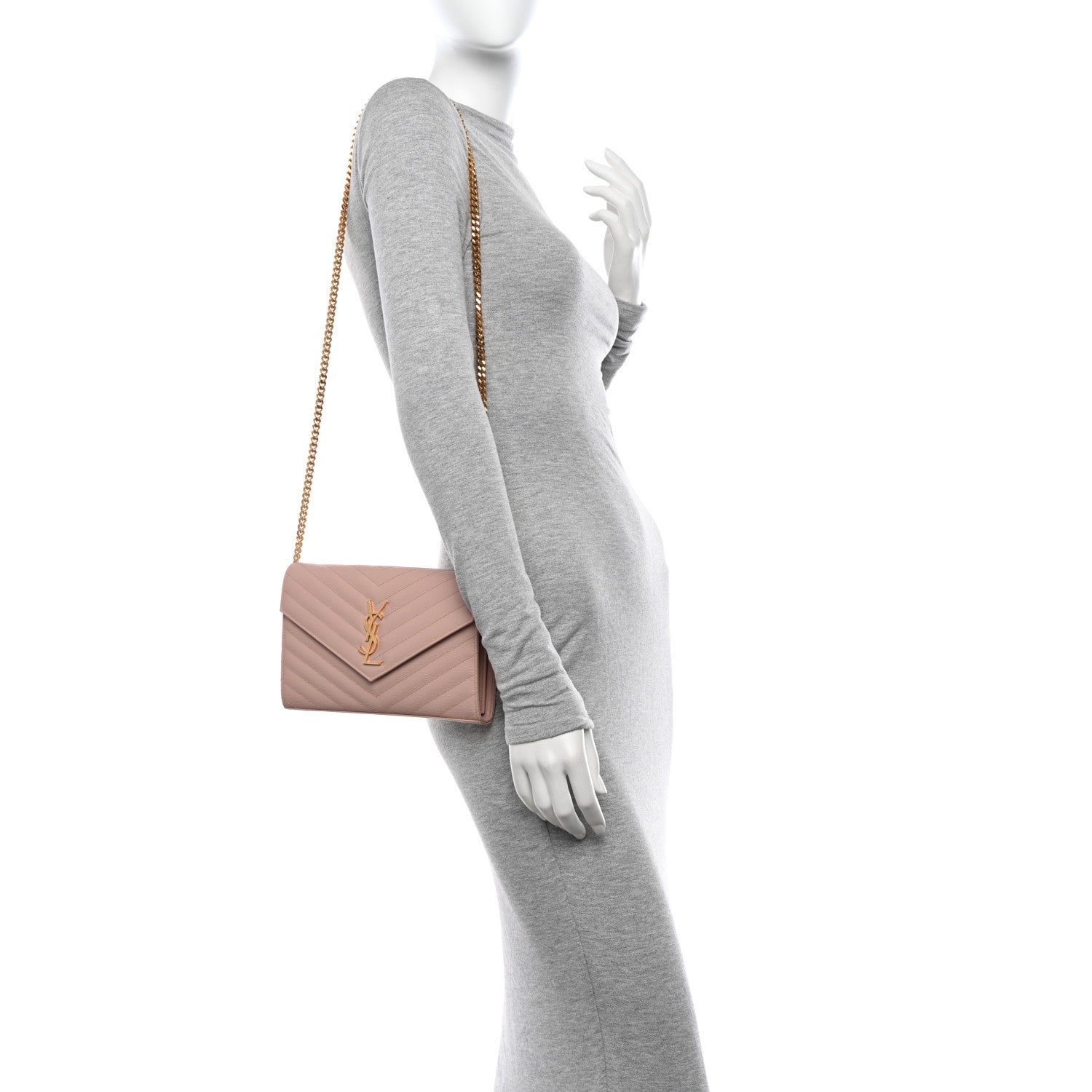 Saint Laurent Grain De Poudre Matelasse Chevron Monogram Chain Wallet Pale Pink 2 of 12