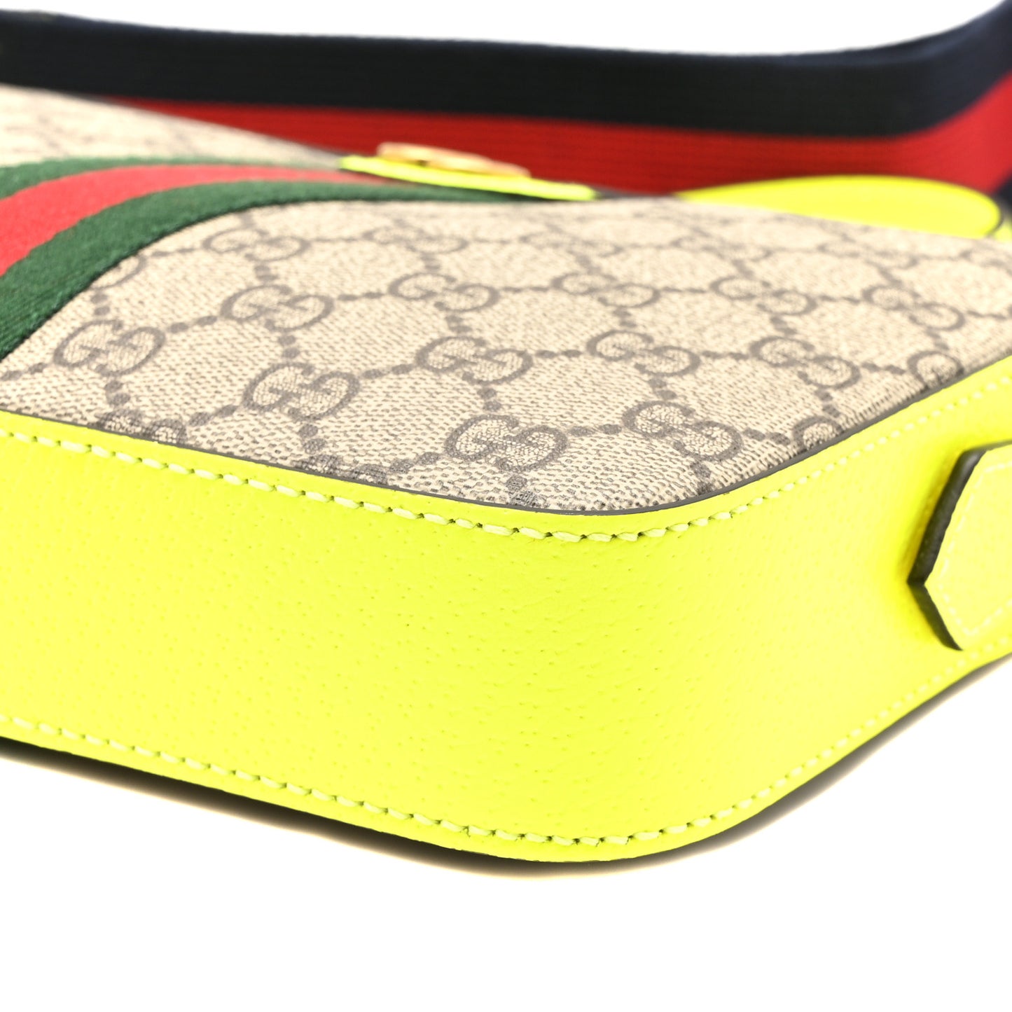 GG Supreme Monogram Textured Dollar Calfskin Web Ophidia Wristlet Shoulder Bag Beige Ebony Fluo Yellow