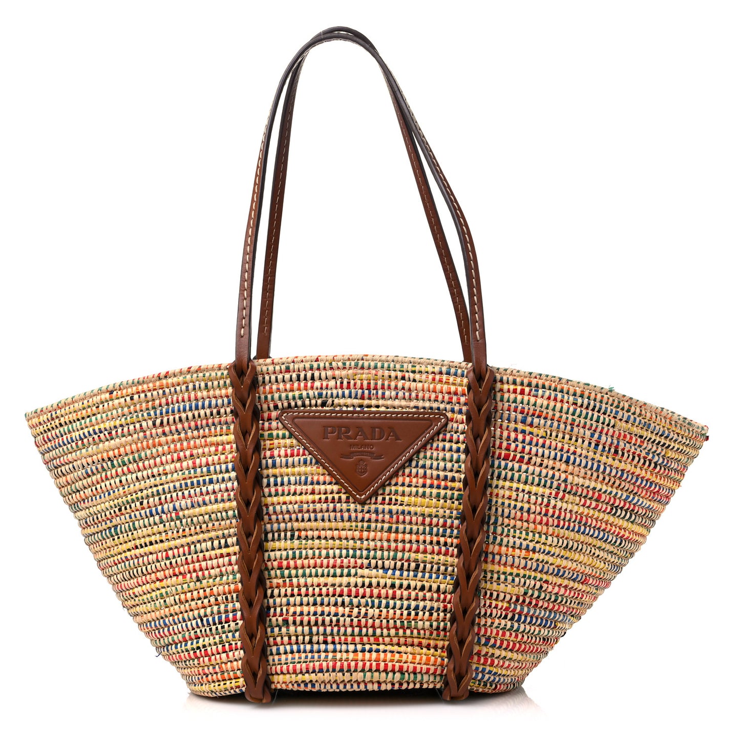 Paglia Vitello Woven Braided Basket Tote Multicolor Cognac
