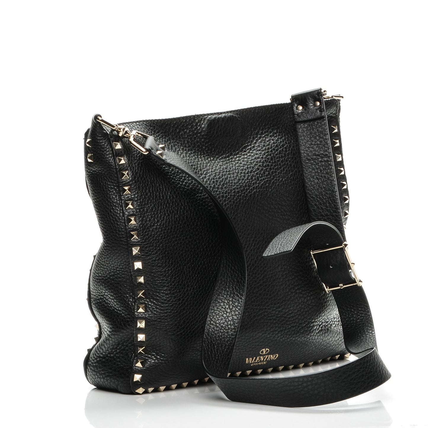 Pebbled Calfskin Large Rockstud Flip-Lock Messenger Bag Black